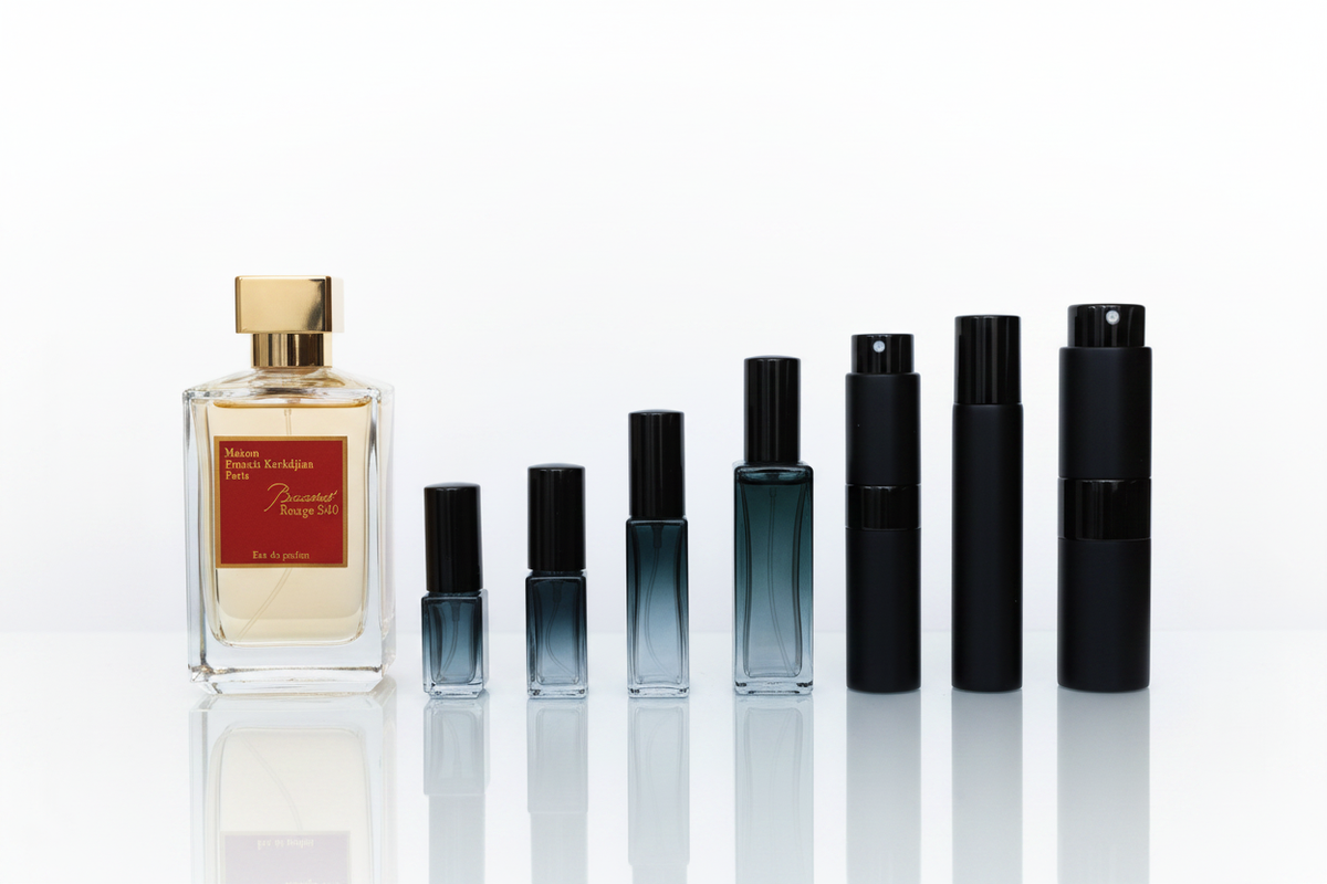 Hand-decanted Maison Francis Kurkdjian Baccarat Rouge 540 sample bottles ranging from dark teal gradient glass minis to matte black travel atomisers by Perfumez Direct.