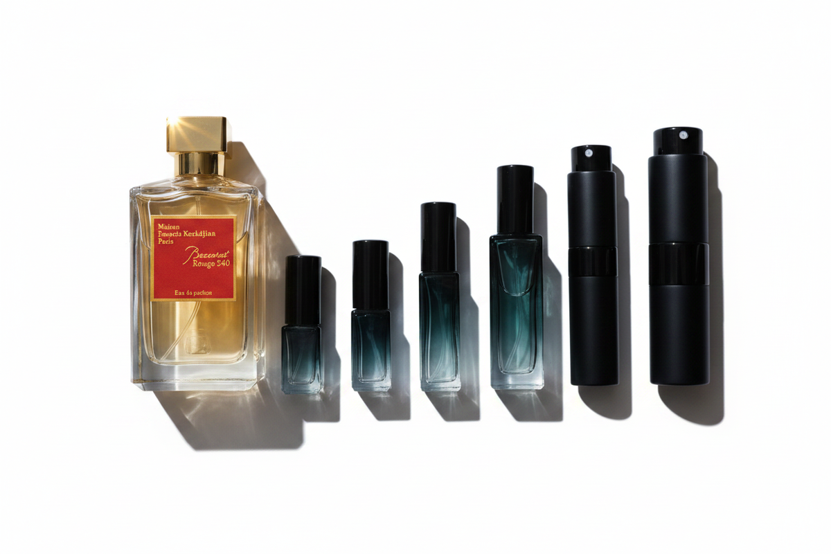 Hand-decanted Maison Francis Kurkdjian Baccarat Rouge 540 sample bottles ranging from dark teal gradient glass minis to matte black travel atomisers by Perfume Direct London.