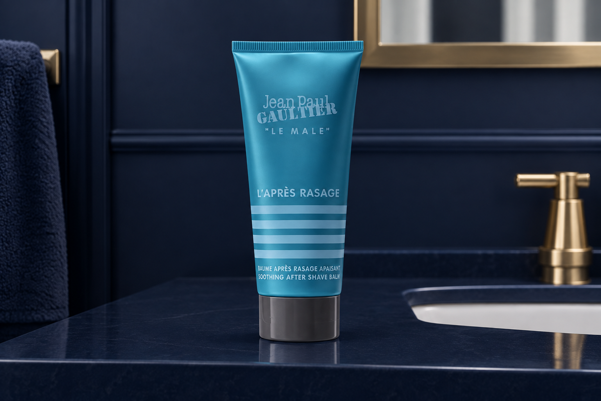 ean Paul Gaultier Le Male after-shave balm 100ml on a bathroom vanity
