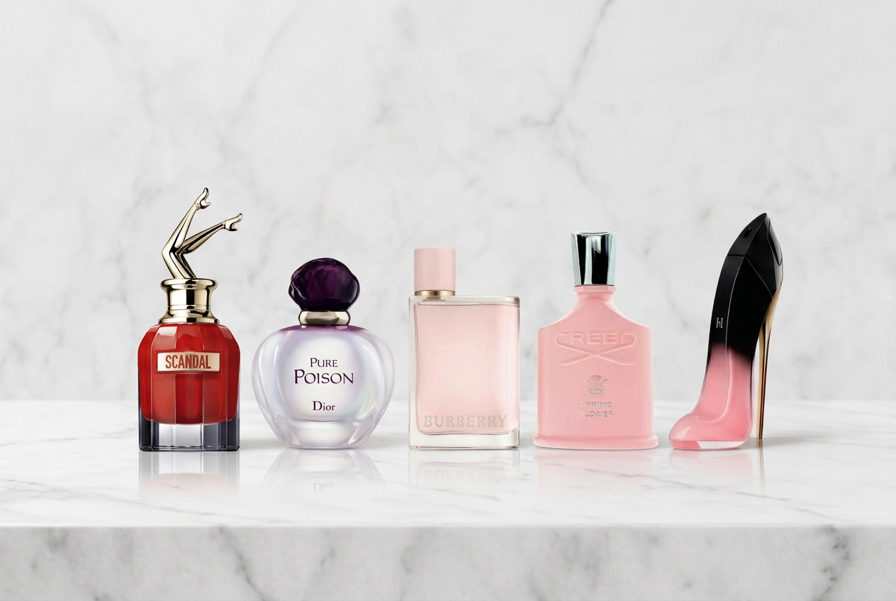 Scandal, Dior Pure Poison, Burberry Her, Creed Spring Flower, Carolina Herrera PerfumezDirect