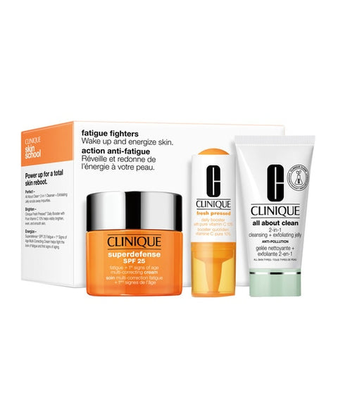Clinique Fatigue Fighters Gift Set 50ml Superdefense Multi-Correcting Cream SPF25 + 30ml All About Clean Cleansing & Exfoliating Jelly + 8.5ml Fresh Pressed Daily Booster - PerfumezDirect®