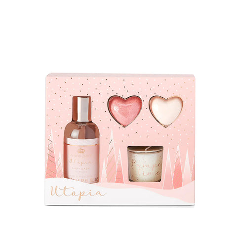 Style & Grace Utopia Relax and Bathe Gift Set 100ml Body Wash + 2 x 20g Heart Bath Fizzer + 30g Candle - PerfumezDirect®